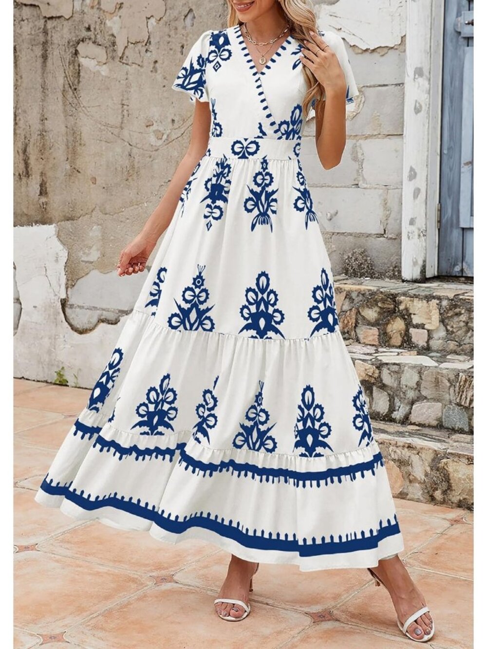 Women's Floral White Blue Boho Maxi V Neck Bell Sleeve Flowy Dress W/Pockets - Picture 4 of 6